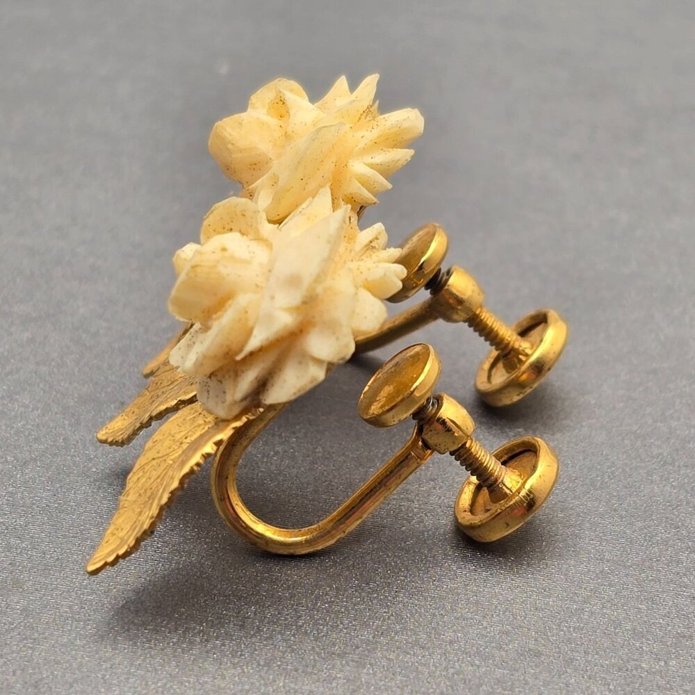 VTG Krementz Gold-Filled Carved Celluloid Rose Screw Back Earrings & Brooch Set - Picture 2 of 12